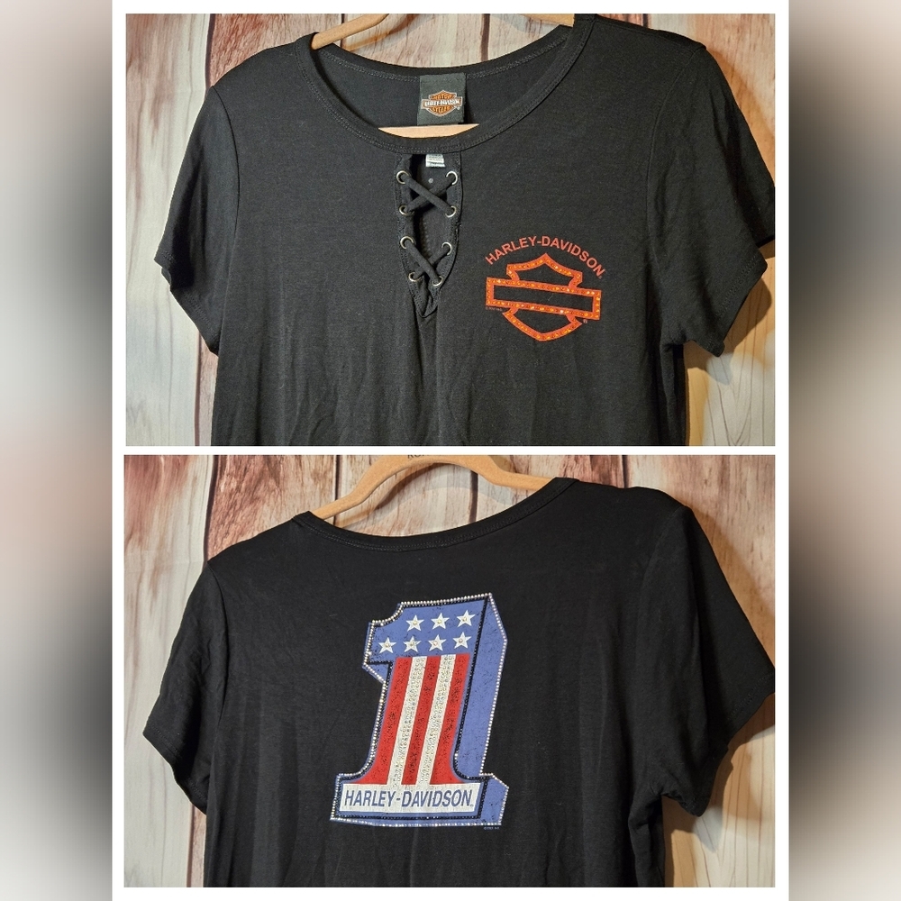Harley-Davidson Black Lace-Up Logo Tee with Rhinestone "1" On Back Size XL